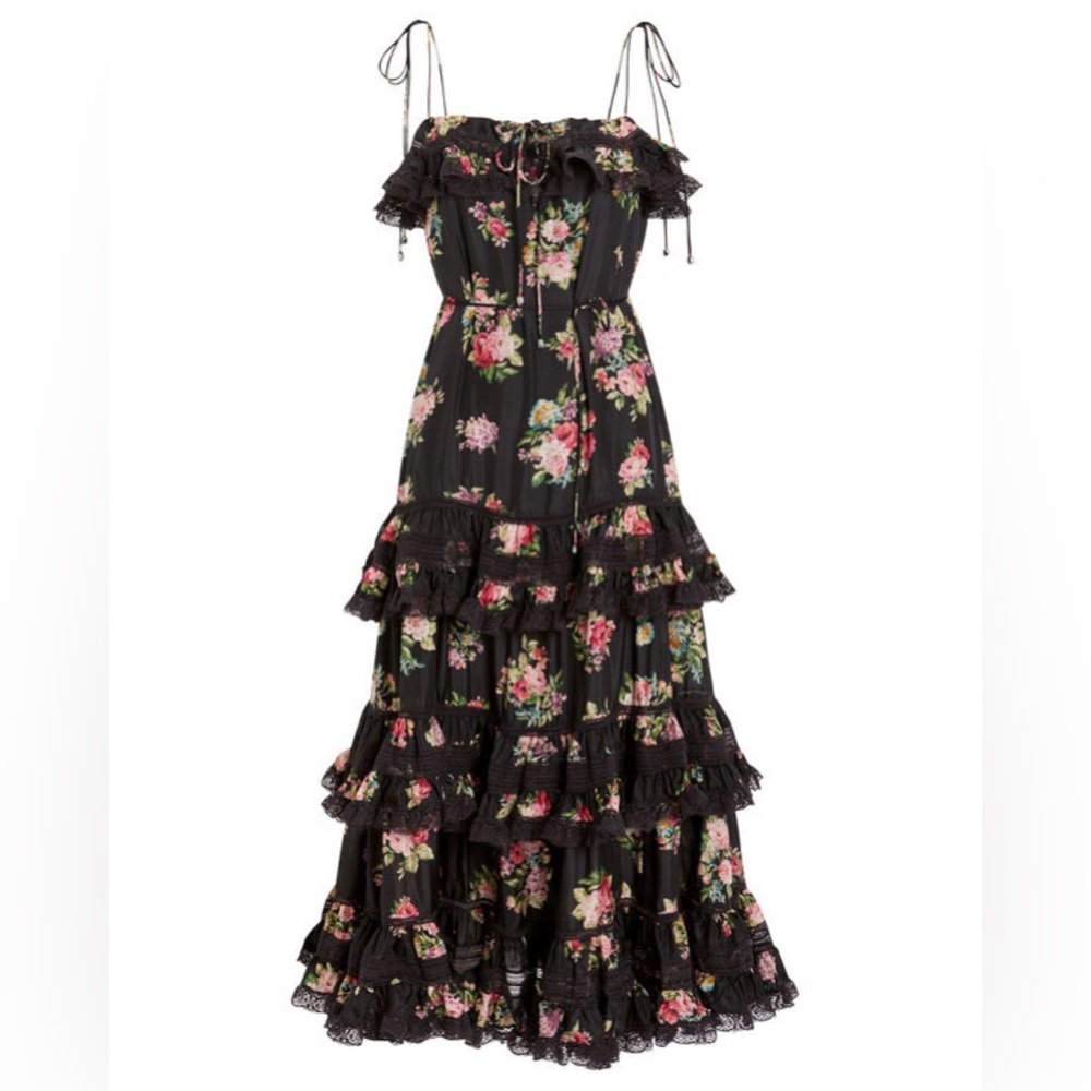 Zimmermann Honour Floral-print Tiered Silk Midi Dress In Black- siz… - Picture 2 of 15